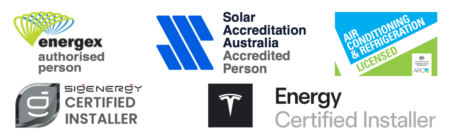 Accreditation badges: Energex, SAA, ARC Tick, Sigenergy, Tesla